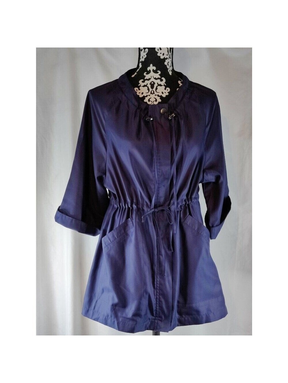 Navy Blue Lightweight Drawstring Jacket with 3/4 Sleeves